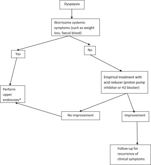 Algorithm for management of dyspepsia in regions with high prevalence (>60% population infected) of Helicobacter pylori infection.